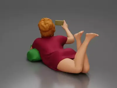 Relaxed Woman Lying on Pillow Taking a Selfie with Phone 3D print model