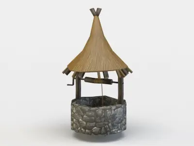 Well stone pot with thatched roof Low-poly 3D model