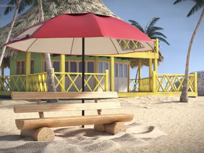 Beach Umbrella with Wooden Bench on Sand Red 3D model