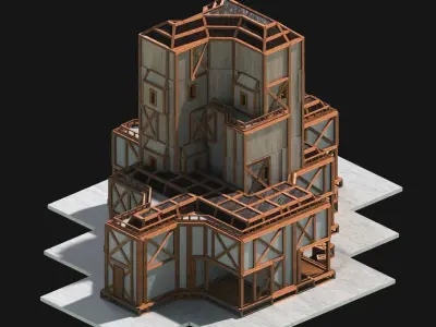 Medieval Low Poly Building Castle Wooden Village Stone House 09 Low-poly 3D model