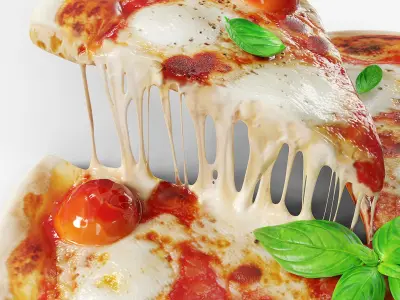 Pizza Margherita Sliced with Stretchy Cheese 3D model