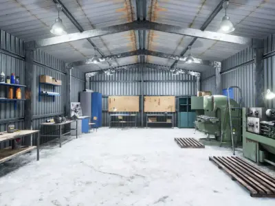 Workshop in metal building Low-poly 3D model