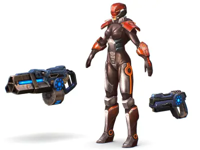 Cartoon Sci-Fi Cyborg Drone Heavy Machine Gunner Low-poly 3D model