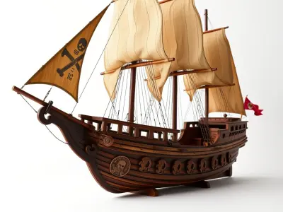 Vintage Wooden Pirate Ship Model Pack with Intricate Carvings Low-poly 3D model