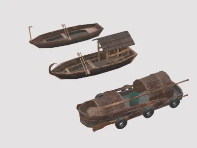 CANOE-BOAT group of wooden boats and house Free low-poly 3D model