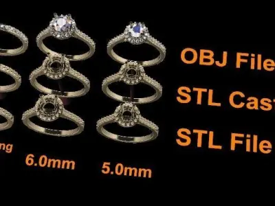 6mm 5mm Dainty Diamond Halo Engagement Ring Set 3D print model