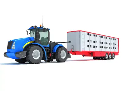 Tractor with Animal Transporter Trailer 3D model