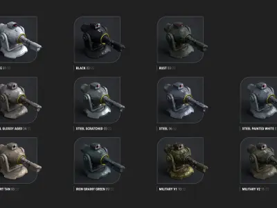 Minigun Turret Textures 22 plus 12 Decals on-off Low-poly 3D model