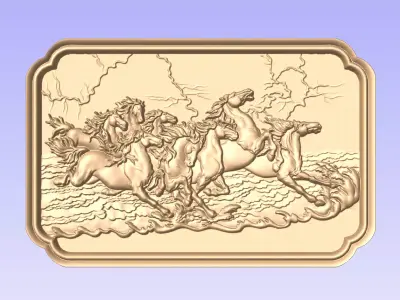 horses wooden plaque with riding in water 3D model