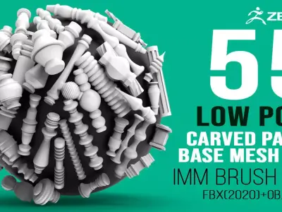55 Low poly wood carved chair table pillar parts IMM brush set 3D model