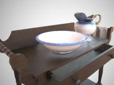 Washbasin old wooden table Low-poly 3D model