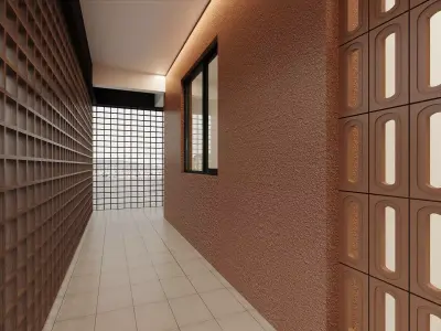 Modern Japandi Cafe Exterior with Wood Lattice Corridor 3D model