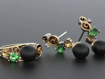 Stylish antique set of earrings and a ring for pearls 389 3D print model