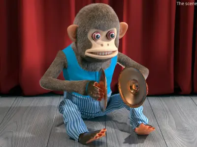  Mechanical Cymbal Monkey Toy in Blue Vest Fur Rigged 