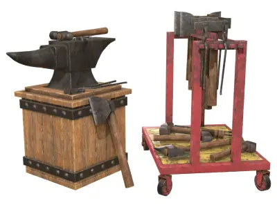 Anvil with Ironwork Tools and Rack 1 Low-poly 3D model
