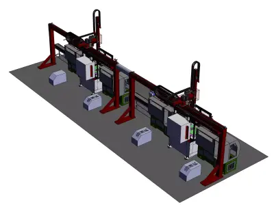Automated loading and unloading CNC workshop using gantry robots 3D model