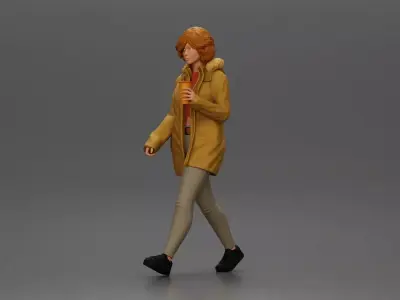 Woman walks sipping takeout drink wearing parka sweater leggings 3D print model