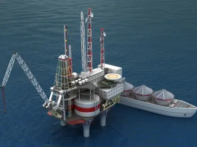 Offshore oil rig drilling platform and tanker 3D model