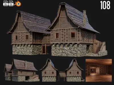 4 Old Medieval House Buildings Pack 4K GameReady 105 to 108 Low-poly 3D model