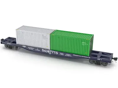 Train wagon flatcar with 20ft containers 3D model
