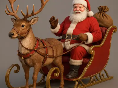 Realistic Santa Sleigh with Reindeer PBR Holiday Character Low-poly 3D model
