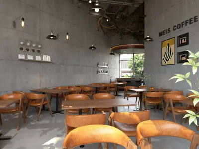 Industrial style cafe Low-poly 3D model