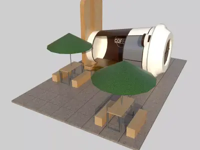Coffee Stall with Seating Area and Umbrellas Low-poly 3D model