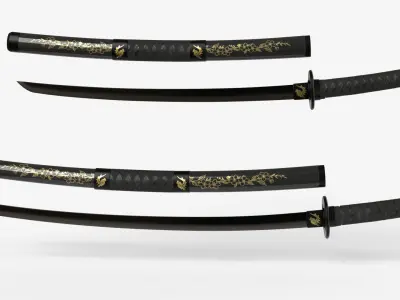 Black Double Bladed Katana Wakizashi and Stand 3D model