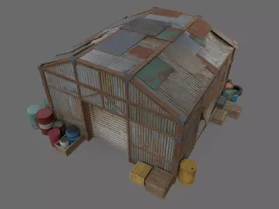 Post-Apocalyptic Industrial Hangar Low-poly 3D model