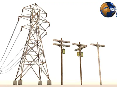 Lowpoly Electric Power Line Pole 3D Model Low-poly 3D model