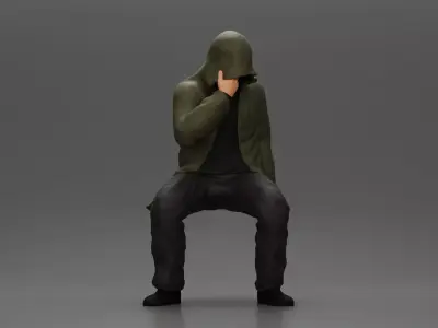 Man in hooded jacket sits alone holding gun feeling troubled 3D print model