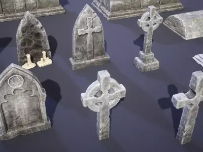 Medieval sarcophagi stone coffins tombstones crosses 3D model