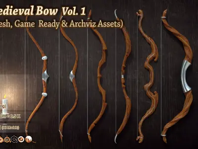 40 Medieval Bows  Vol 1 Basemesh Game ready and Archviz Assets Low-poly 3D model