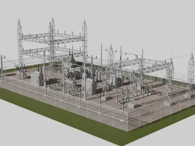 substation power station with wires and poles 3D model purchase