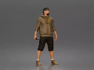 gangster holding knife wearing hoodie sneakers chain headband 3D print model