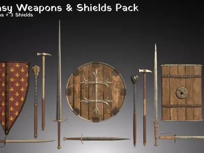 15 Fantasy Weapons and Shields Pack Low-poly 3D model