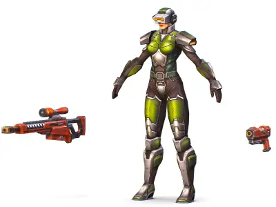 Cartoon Sci-Fi Cyborg Drone Sniper Soldier Low-poly 3D model 3