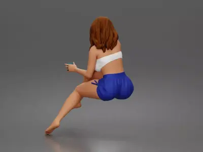 Relaxed woman sips morning coffee wearing summer top and shorts 3D print model