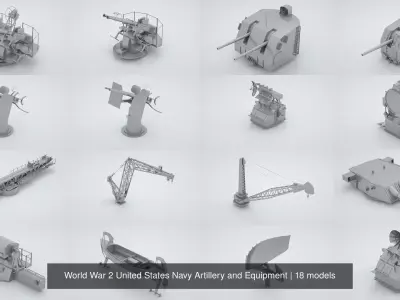 World War 2 United States Navy Artillery and Equipment 3D Model Pack
