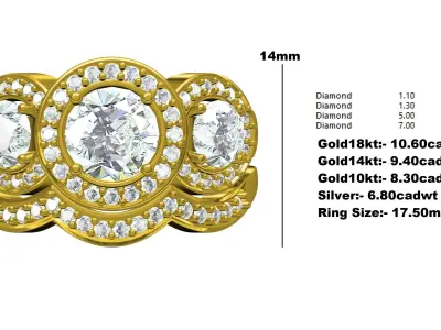 Triple Round Halo Engagement Ring with Band 3D print model