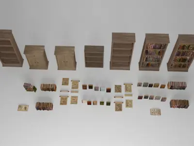 Old books - ancient bookcases and book shelfs - 46 items Low-poly 3D model