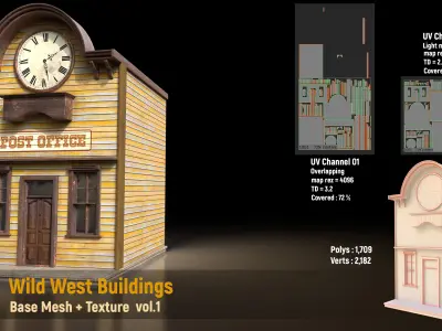 7 Wild West Buildings Base Mesh and Texture   vol 01 Low-poly 3D model