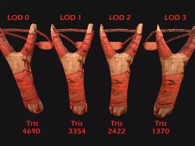 Medieval Wooden Slingshot Colored Set Pack Low-poly 3D model