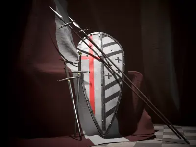 Guardian set Big knight shield Templar sword Medieval spear Low-poly 3D model