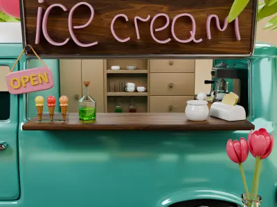Isometric Coffee and Ice Cream Truck  Low Poly Stylized 3D Scene Low-poly 3D model