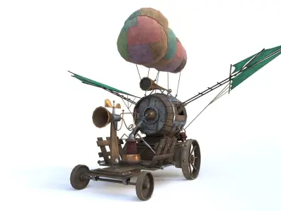 Airship 3 steam powered car with sail on top Low-poly 3D model