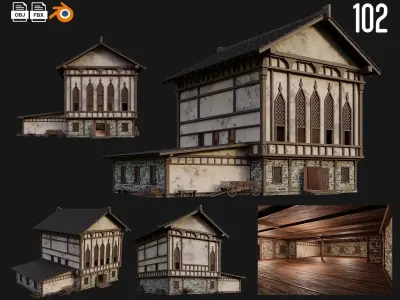 4 Old Medieval Buildings Pack 4K Textures GameReady 101 to 104 Low-poly 3D model