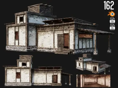 4 Old House Buildings Pack 4K Textures GameReady 161 to 164 Low-poly 3D model