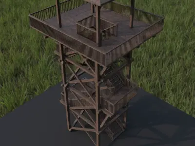 Watchtower wooden tower with stairs in middle of grassy field Free low-poly 3D model
