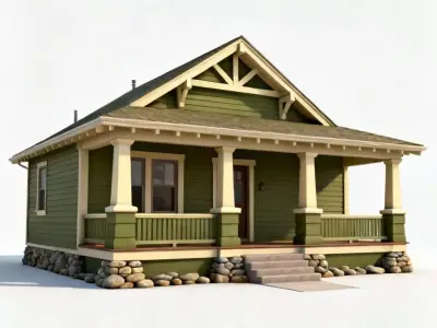 Classic Olive Green Craftsman Bungalow 3D Model Low-poly 3D model